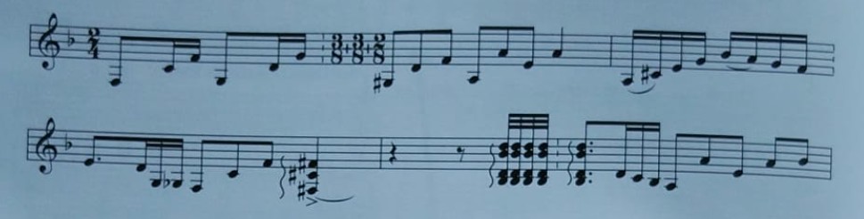 Ejemplo melódico en modo frigio con apoyos de la cadencia flamenca