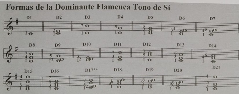 Formas de la Dominante Flamenca en tono de Si (posiciones D1 a D21)