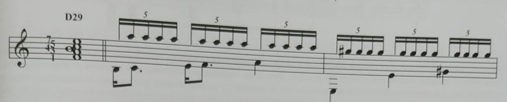 D29: acorde [1–3–4–5–7] con la cuarta como eje central; ejemplo de soleá de Habichuela
