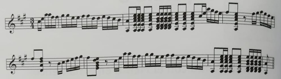 Ejemplo rítmico de sevillanas: patrón nota larga y dos notas breves.