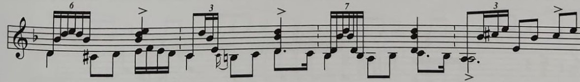 Ejemplo con tresillos, seisillos y setecillos dentro del compás flamenco.