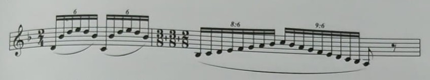 Fragmento con subdivisiones polirrítmicas: 6 sobre 4 y 8 sobre 6.
