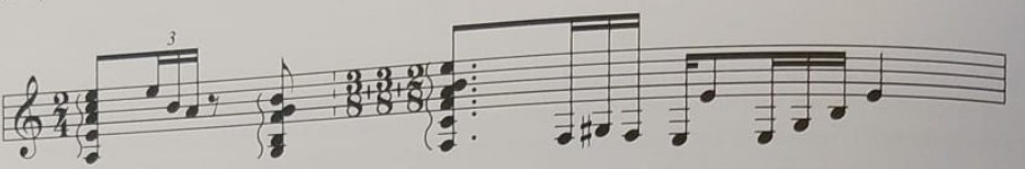 Fragmento rítmico con subdivisión irregular para romper la monotonía del discurso.