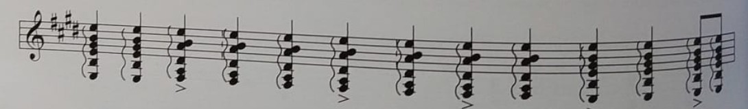 Cadencia flamenca arquetípica con dominante en el pulso 8 y resolución en el 10.