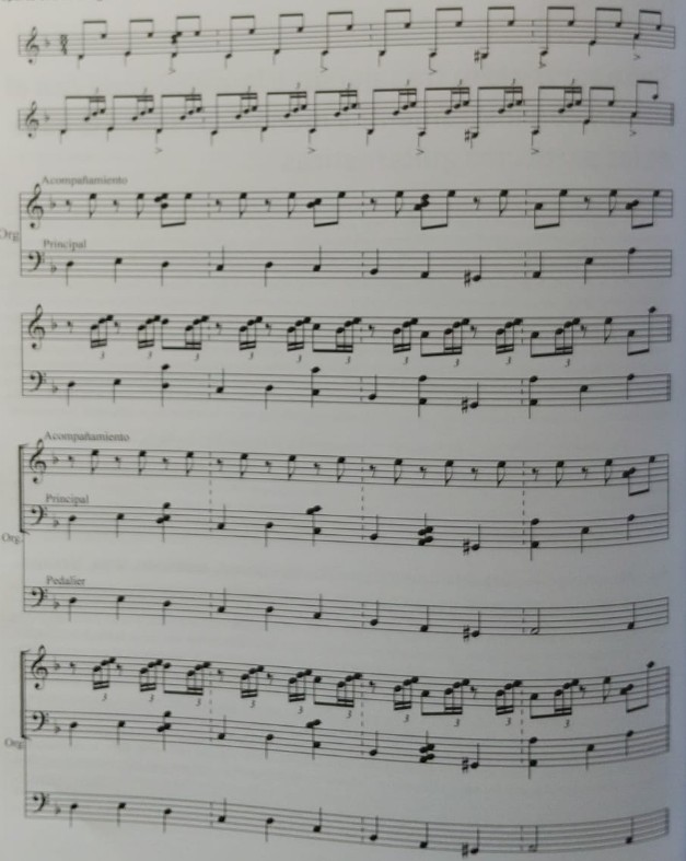 Ejemplo de transcripción organística de una soleá por bulerías, distribución de acordes entre manuales y pedalier.