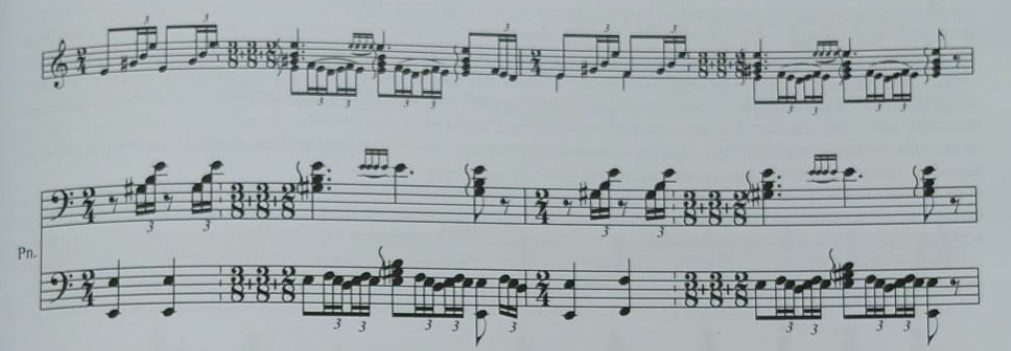 Ejemplo de transcripción pianística con acordes densos en registro grave.
