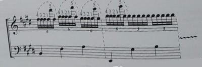 Ejemplo de trémolo en seisillos con salto a la octava superior (432151).