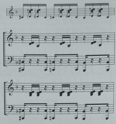 Ejemplo de alzapúa adaptada al piano, alternando manos y redoblando acordes.