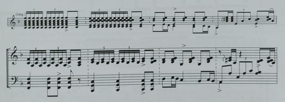 Pasaje de soleá por bulerías con rasgueo y alzapúa adaptado al piano.