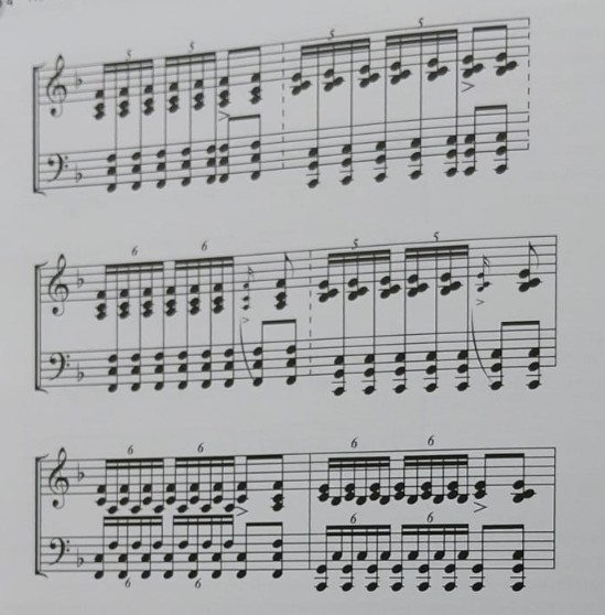 Ejemplo de rasgueos pianísticos alternando ambas manos y variando el número de batidos.