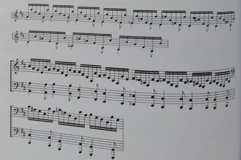 Ejemplo de arpegio trasladado al piano con refuerzo de bajos.