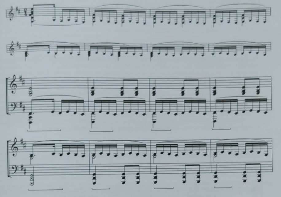 Ejemplo de ligados y picados adaptados al piano, marcando ritmo motriz de tarantas.