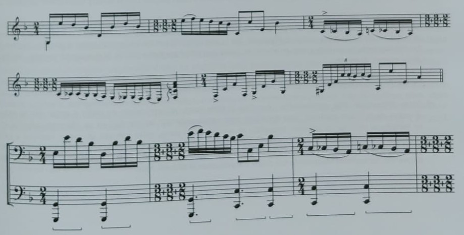 Ejemplo de pasaje de siguiriyas con contraste de ligados y picados adaptado al piano.