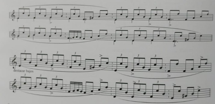 Falseta de polo con tresillos en la nota pedal; énfasis en el bajo sobre mi–si.