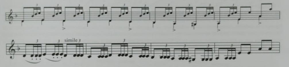 Falseta simplificada: sustitución de tresillos de semicorcheas por nota pedal del bajo.