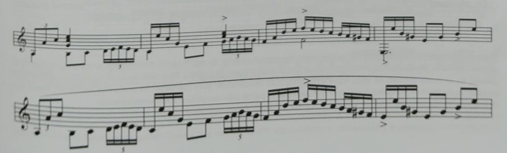 Variación con desarrollo melódico del bajo en la falseta; énfasis en la voz superior.