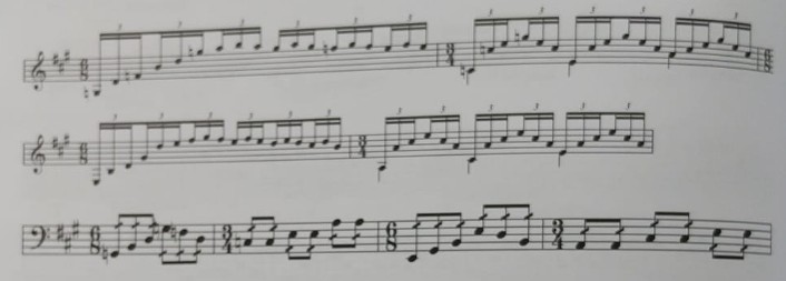 Falseta adaptada a instrumento grave con rebatimiento melódico en semicorcheas.