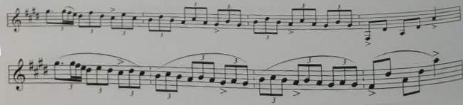 Ejemplo de ligados y picados en floreo de segundas; adaptación para instrumento monódico.