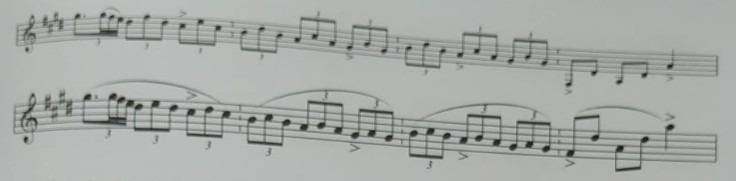 Ejemplo de ligados y picados con giros ascendentes de tres notas o tresillos a ritmo de negra-corchea.