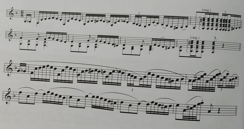 Falseta resumen con aplicación de recursos técnicos de transcripción para instrumentos monódicos.