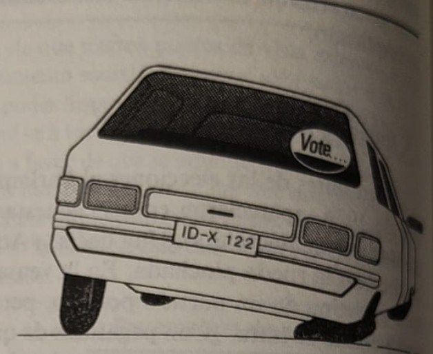 Dibujo del coche con la rueda pinchada y pegatina de partido político